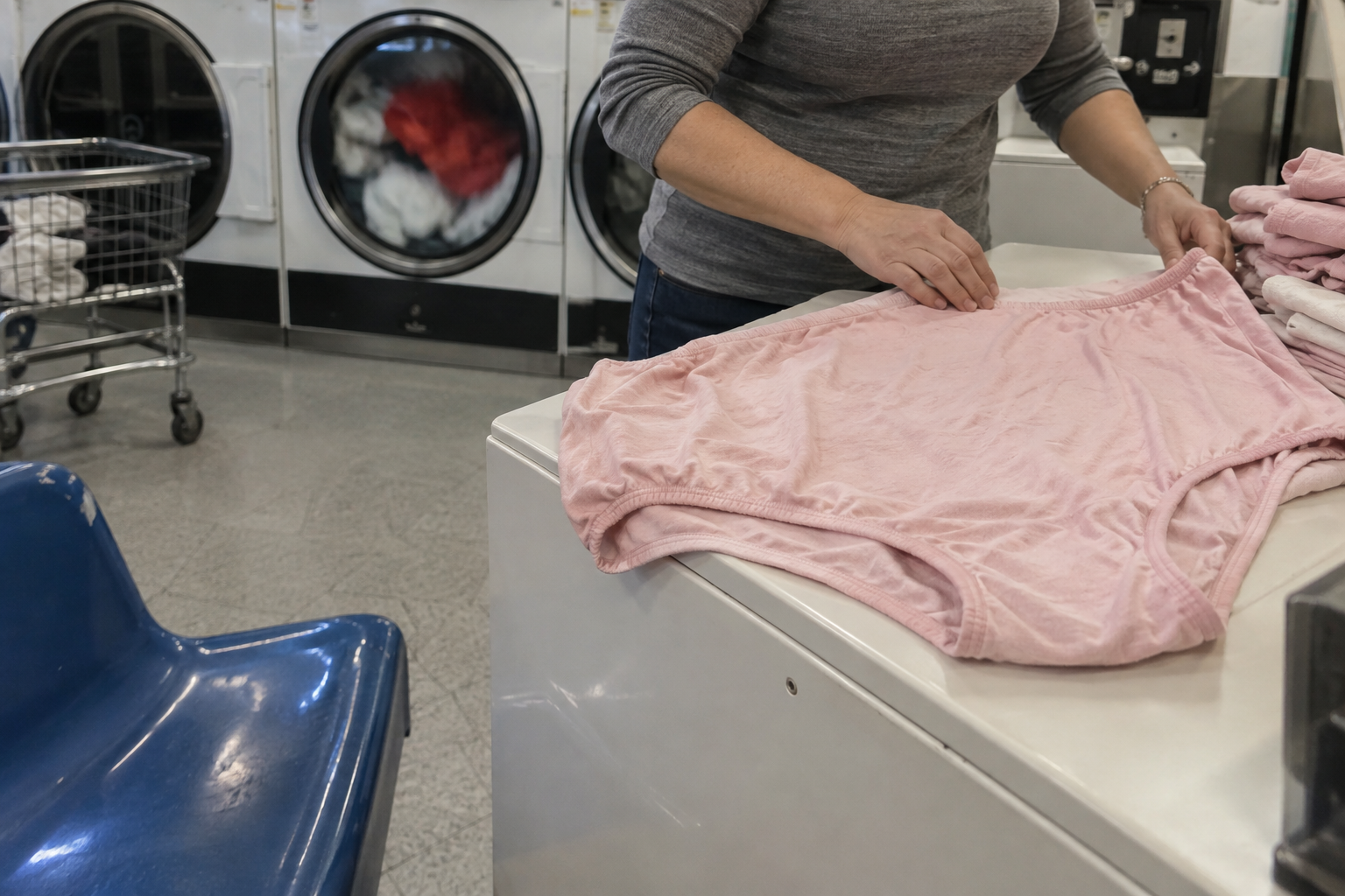 Hands fold large pink cotton underpants on a dryer; a red towel turns among white laundry behind them.